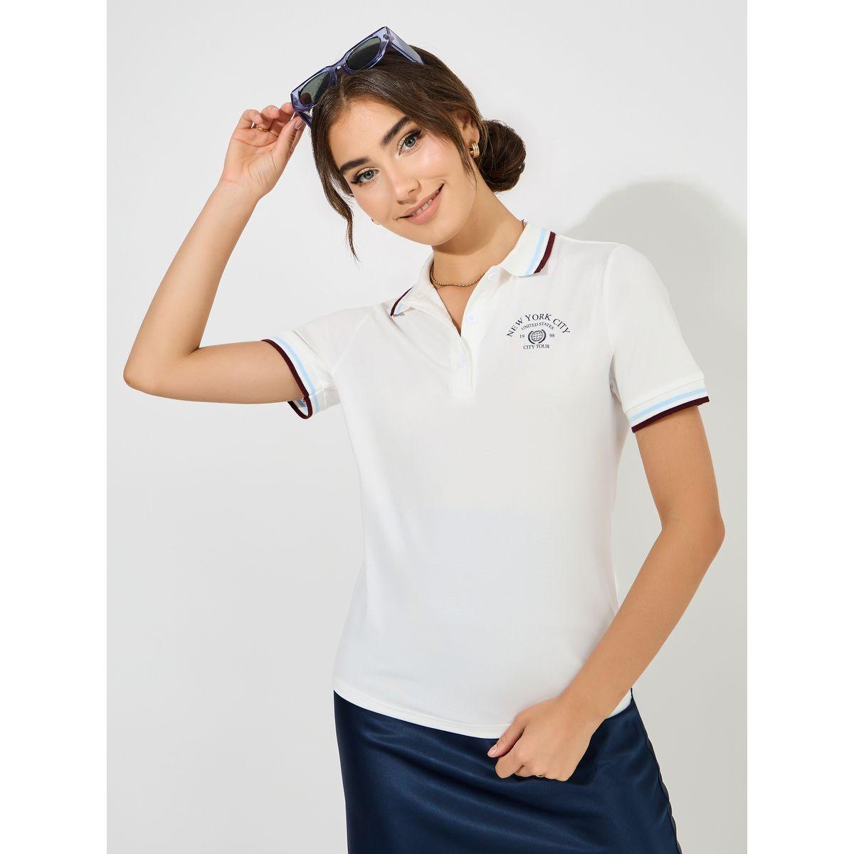 تيشيرت بياقة بولو وقصة عادية مع اكمام قصيرة-women-clothing-tshirts-image-2