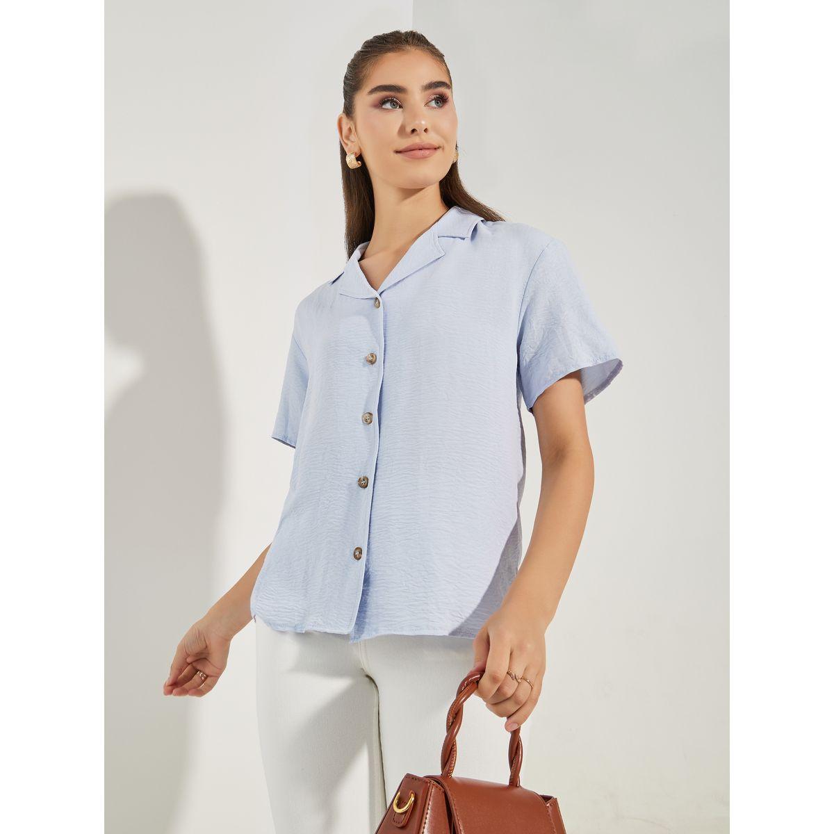 Styli Woven Notch Collared Shirt with Buttons-women-clothing-shirtsandblouses-shirts-image-1