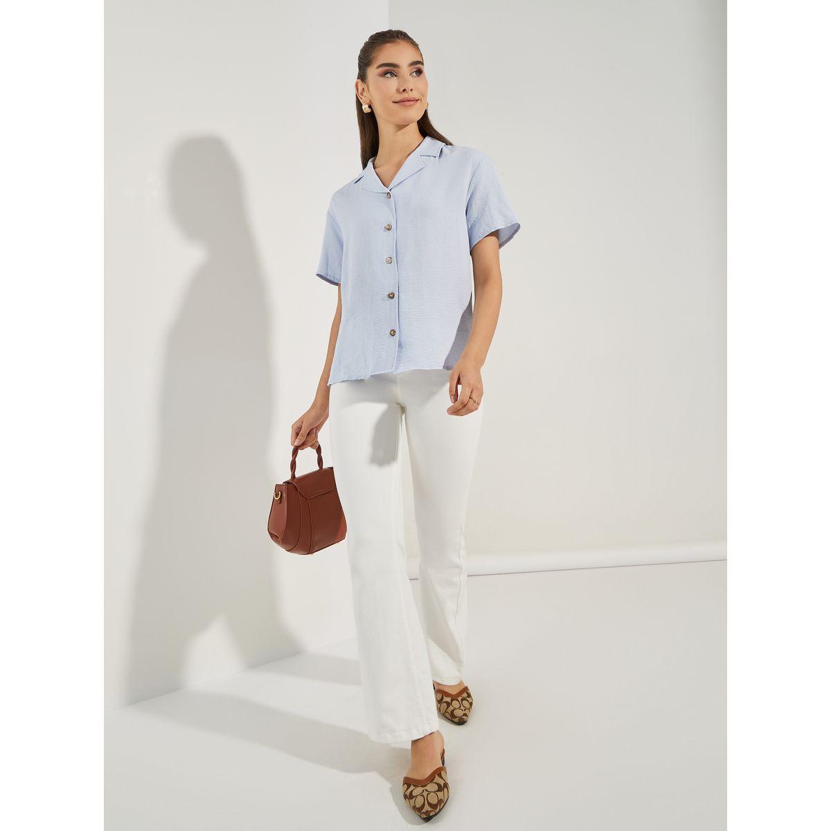 Styli Woven Notch Collared Shirt with Buttons-women-clothing-shirtsandblouses-shirts-image-2