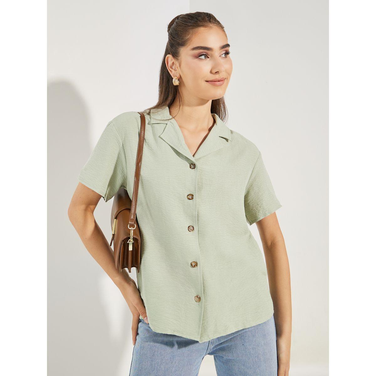 Styli Woven Notch Collared Shirt with Buttons-women-clothing-shirtsandblouses-shirts-image-1