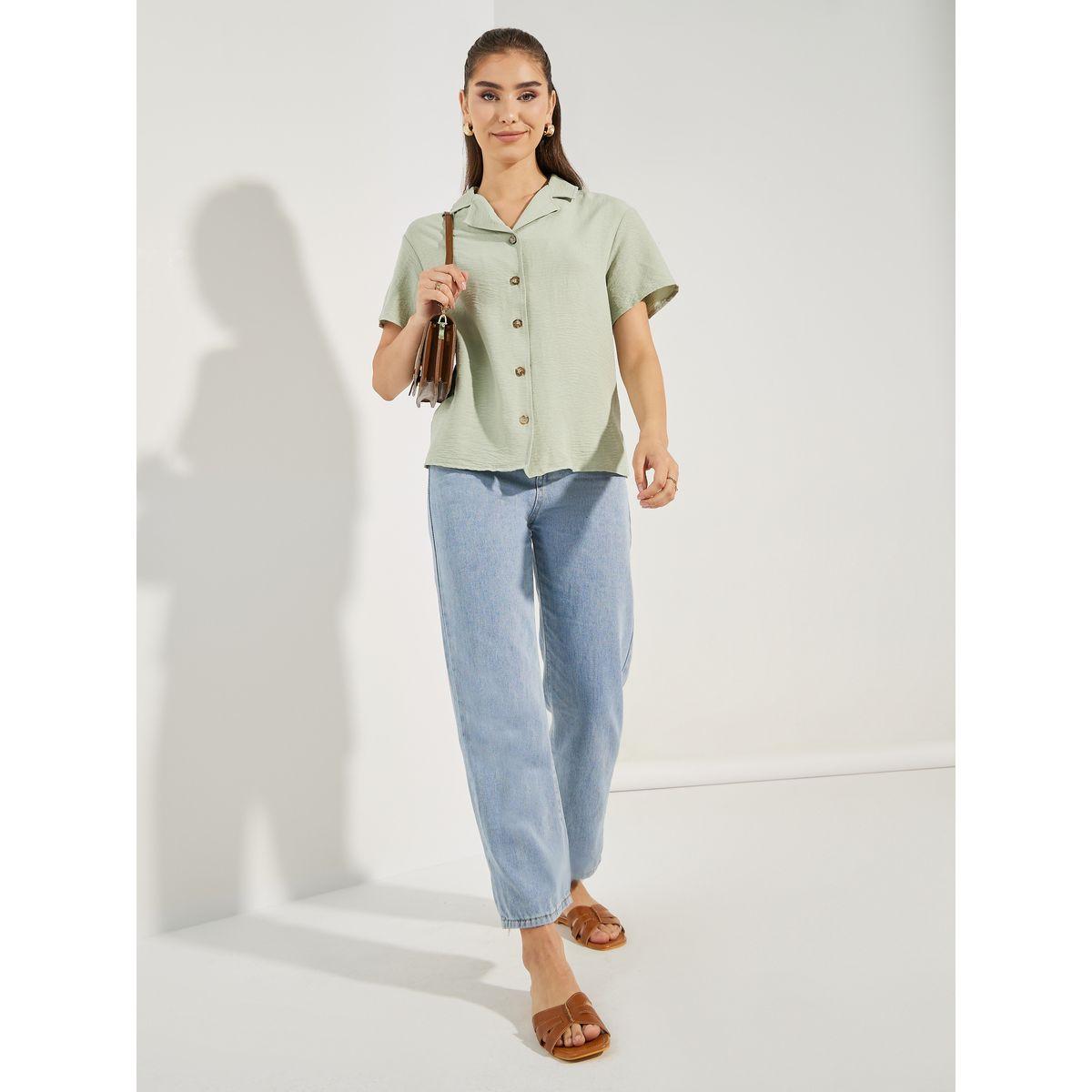 Styli Woven Notch Collared Shirt with Buttons-women-clothing-shirtsandblouses-shirts-image-2
