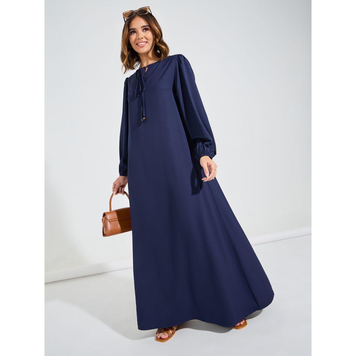 جلابية باكمام طويل باساور مع ياقة باربطة-women-arabicclothing-jalabiyas-image-1