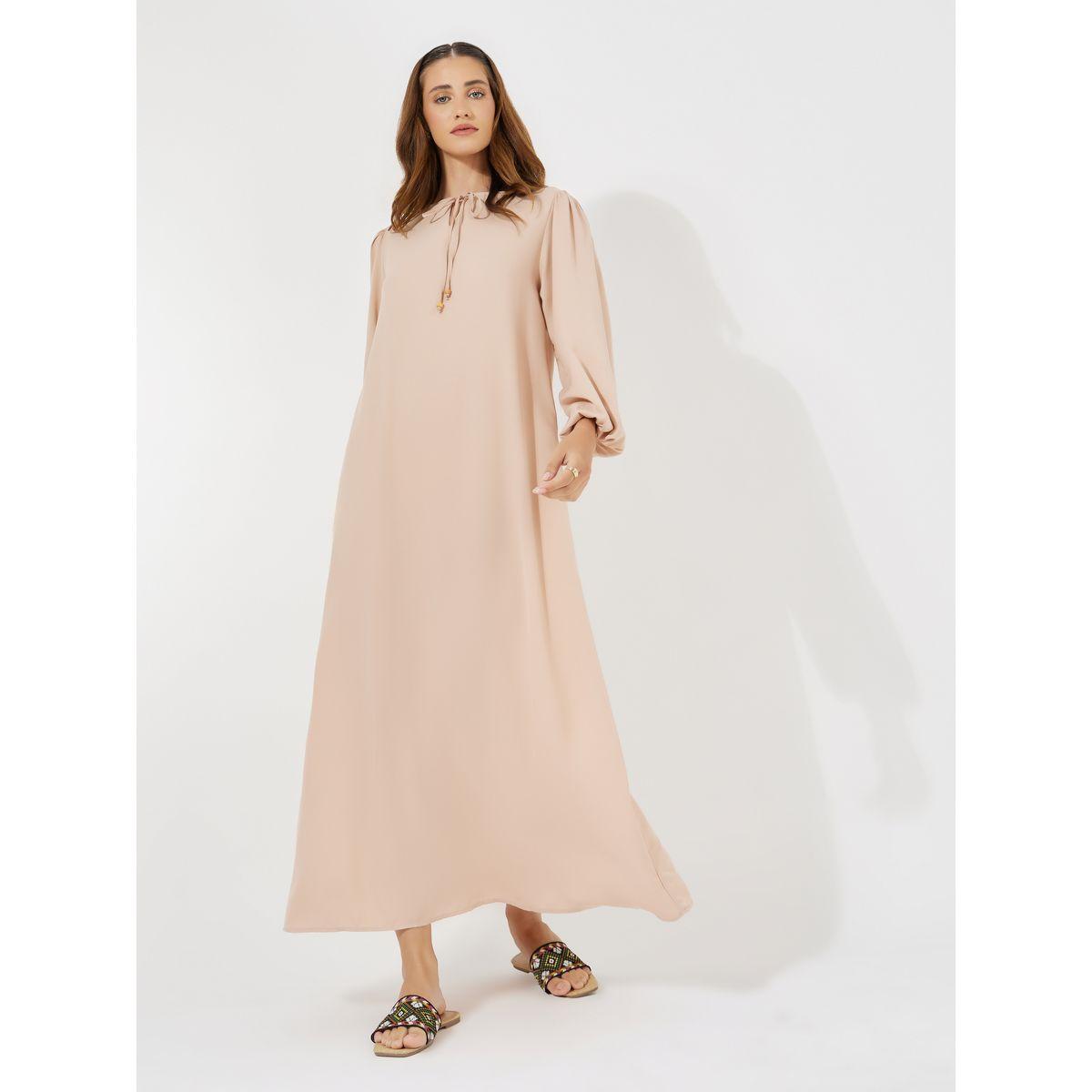 Styli Tie-Up Neck Jalabiya with Cuffed Sleeves-women-arabicclothing-jalabiyas-image-1