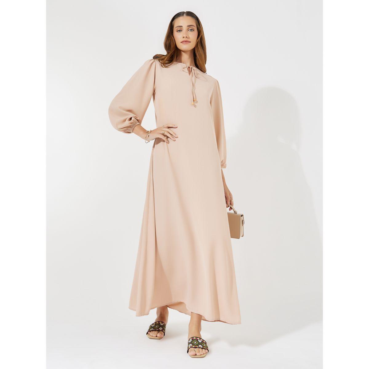Styli Tie-Up Neck Jalabiya with Cuffed Sleeves-women-arabicclothing-jalabiyas-image-3