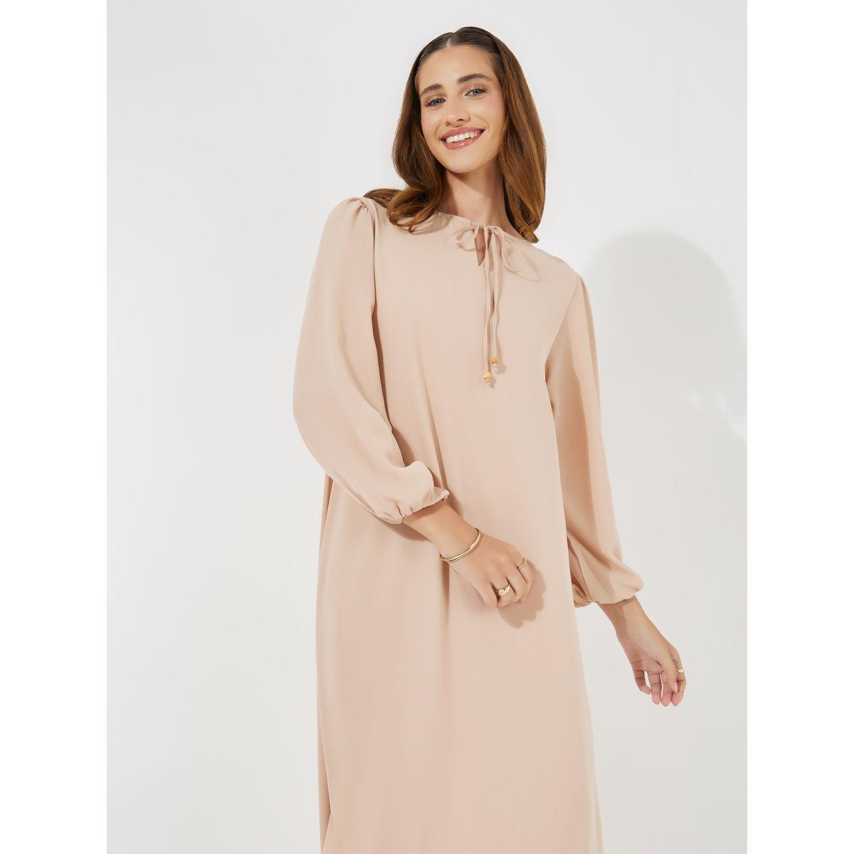 Styli Tie-Up Neck Jalabiya with Cuffed Sleeves-women-arabicclothing-jalabiyas-image-4