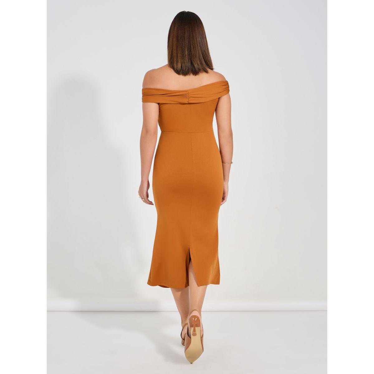 فستان ميدي سادة ضيق باكتاف مكشوفة-women-clothing-dresses-image-1