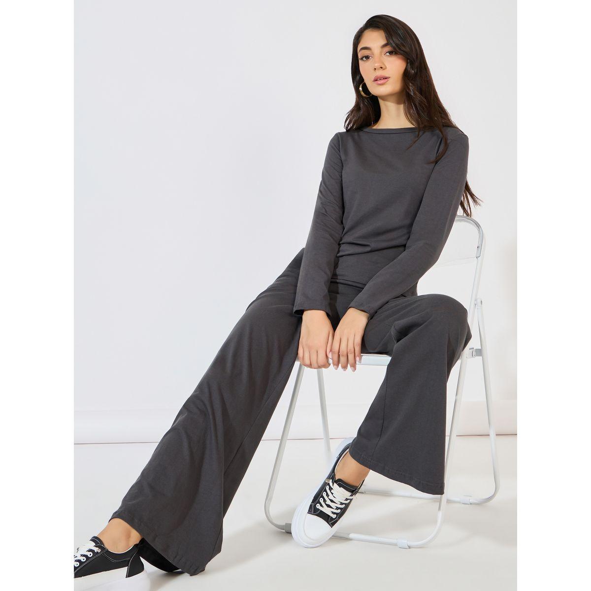 Styli Solid Round Neck Knit Top & Wide Leg Joggers Co-Ords-women-clothing-coordsets-image-1