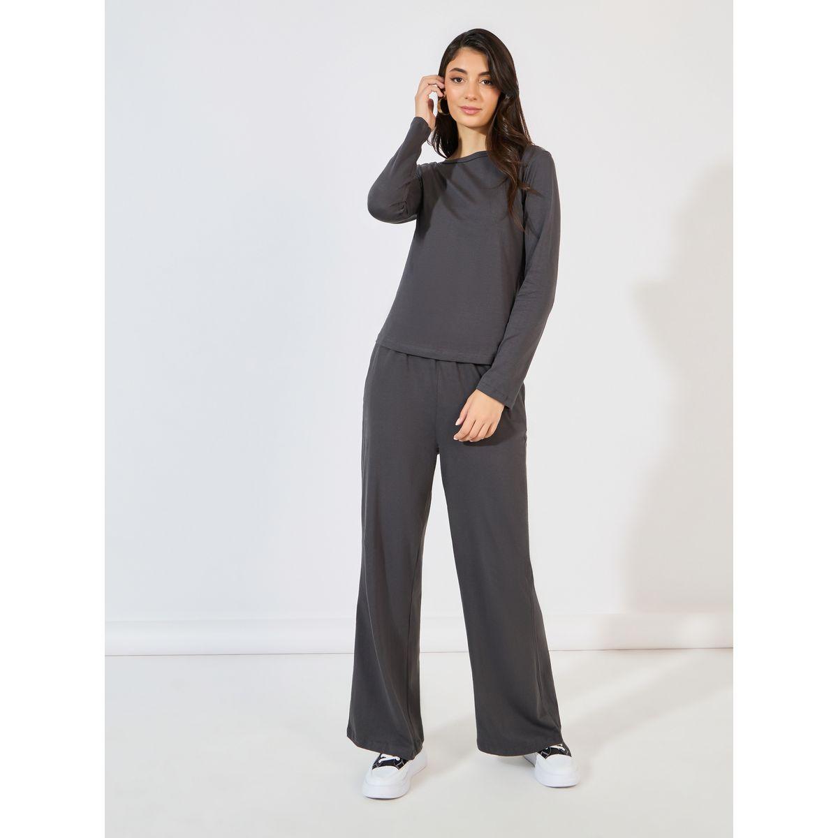 Styli Solid Round Neck Knit Top & Wide Leg Joggers Co-Ords-women-clothing-coordsets-image-2