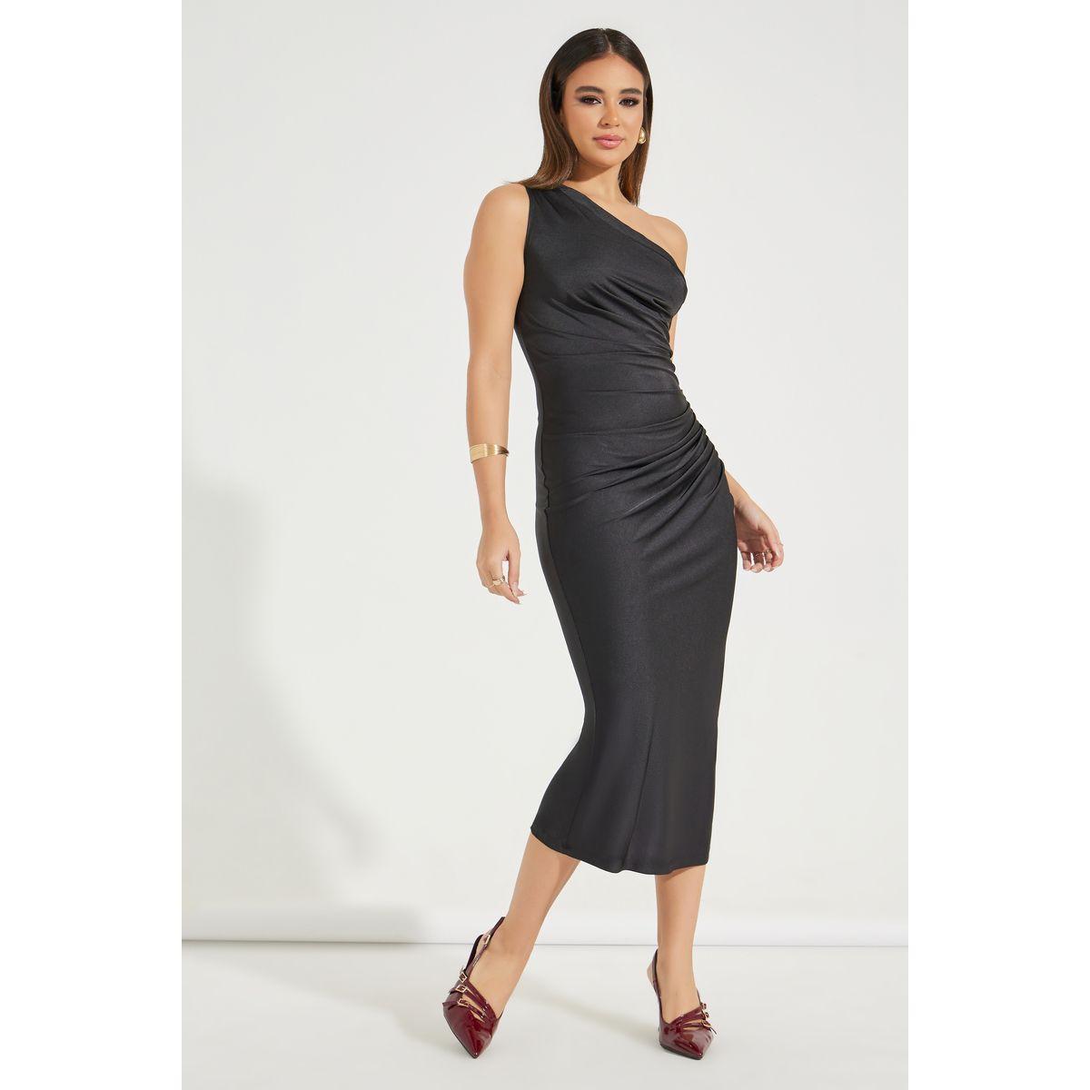 فستان ميدي بديكون سادة بكتف واحد-women-clothing-dresses-image-1