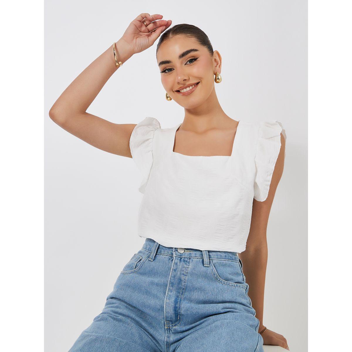 بلوزة محبوكة بياقة واسعة واكمام فلوت-women-clothing-shirtsandblouses-blouses-image-1