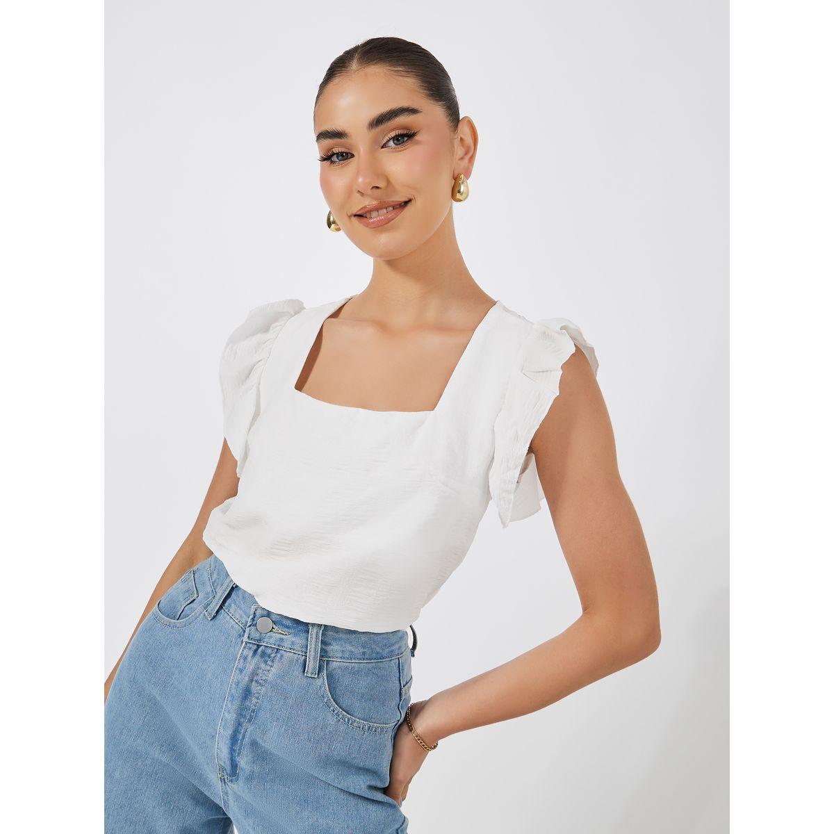 Styli Square Neck Woven Top with Flutter Sleeves-women-clothing-shirtsandblouses-blouses-image-3