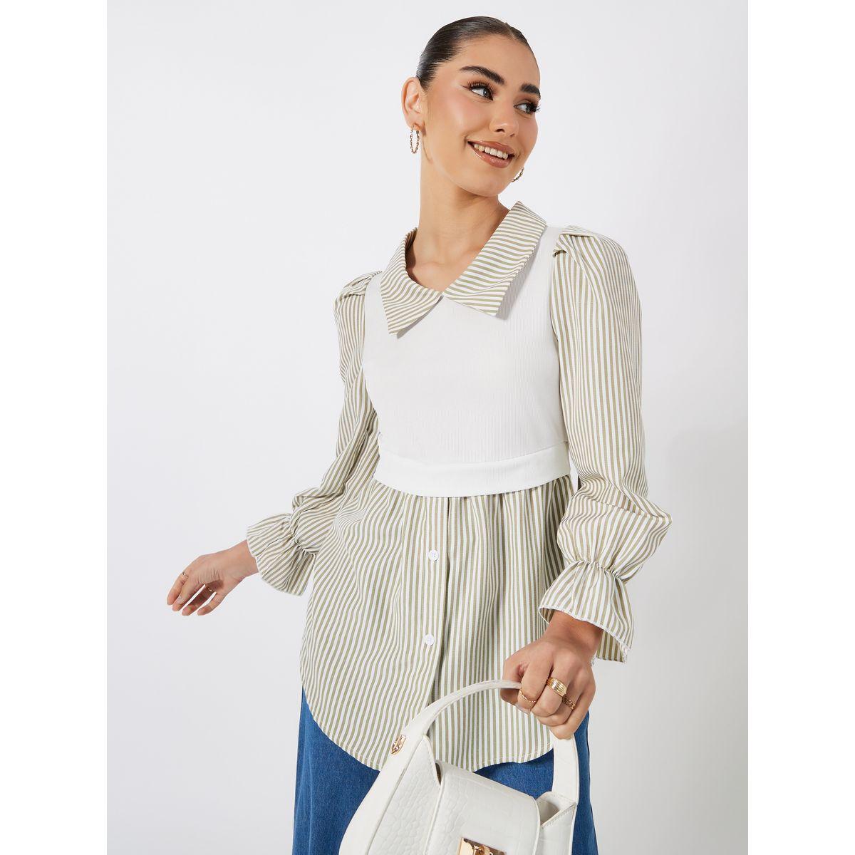 Styli 2in1 Style Striped Blouse with Cuffed Sleeves-women-clothing-shirtsandblouses-blouses-image-1