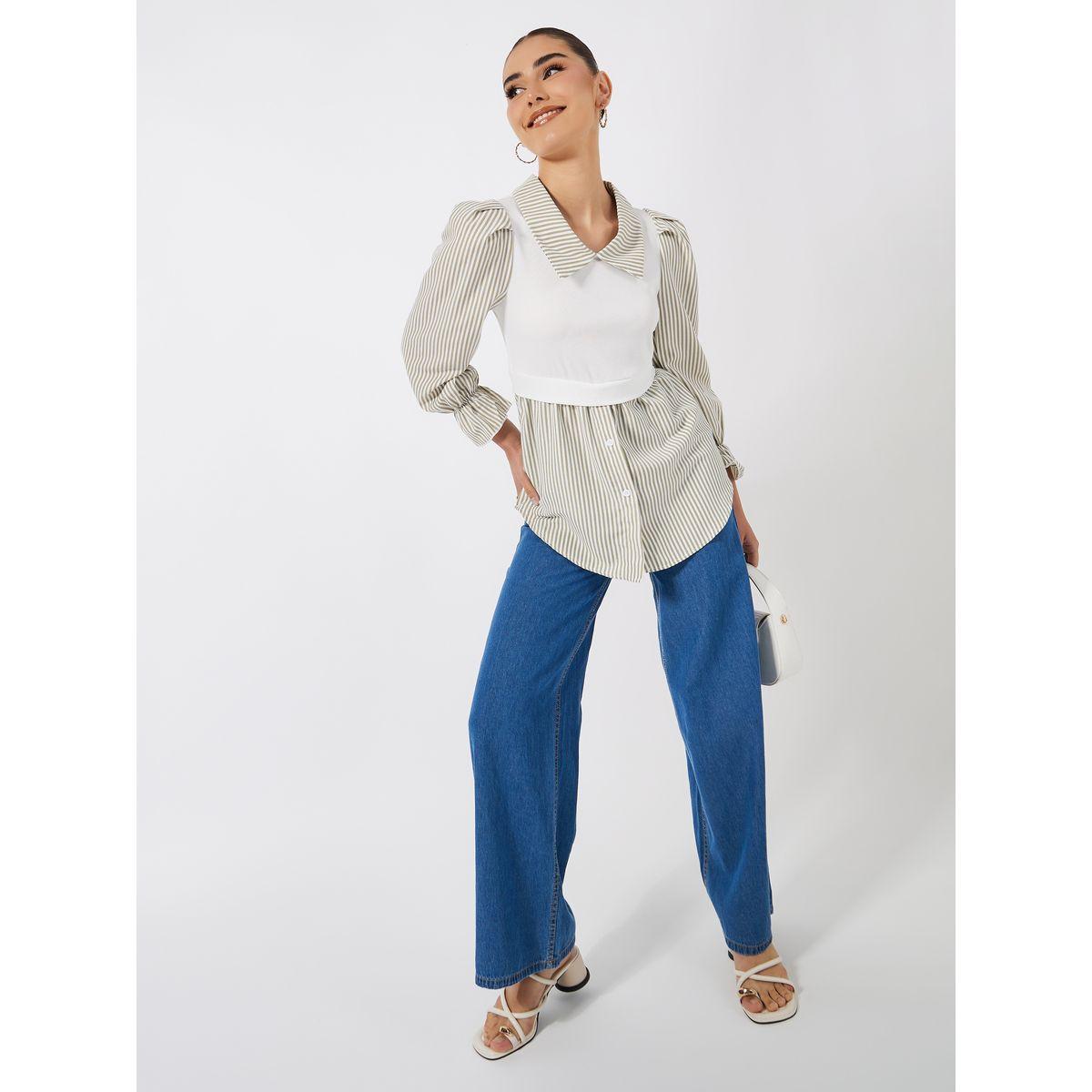 بلوزة مخططة مع اكمام باساور-women-clothing-shirtsandblouses-blouses-image-2