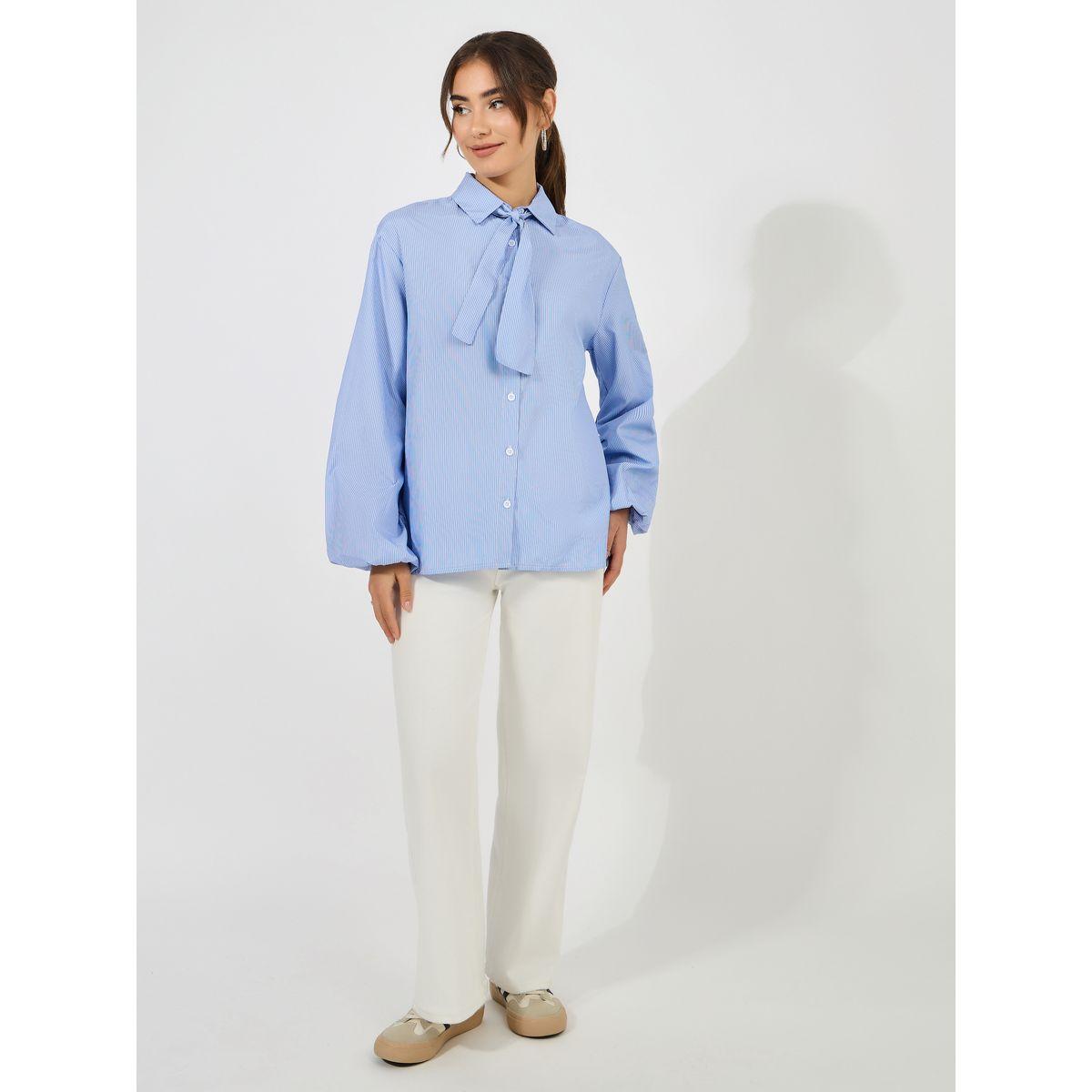 بلوزة مخططة بقصة مريحة مع ياقة بأربطة-women-clothing-shirtsandblouses-shirts-image-2