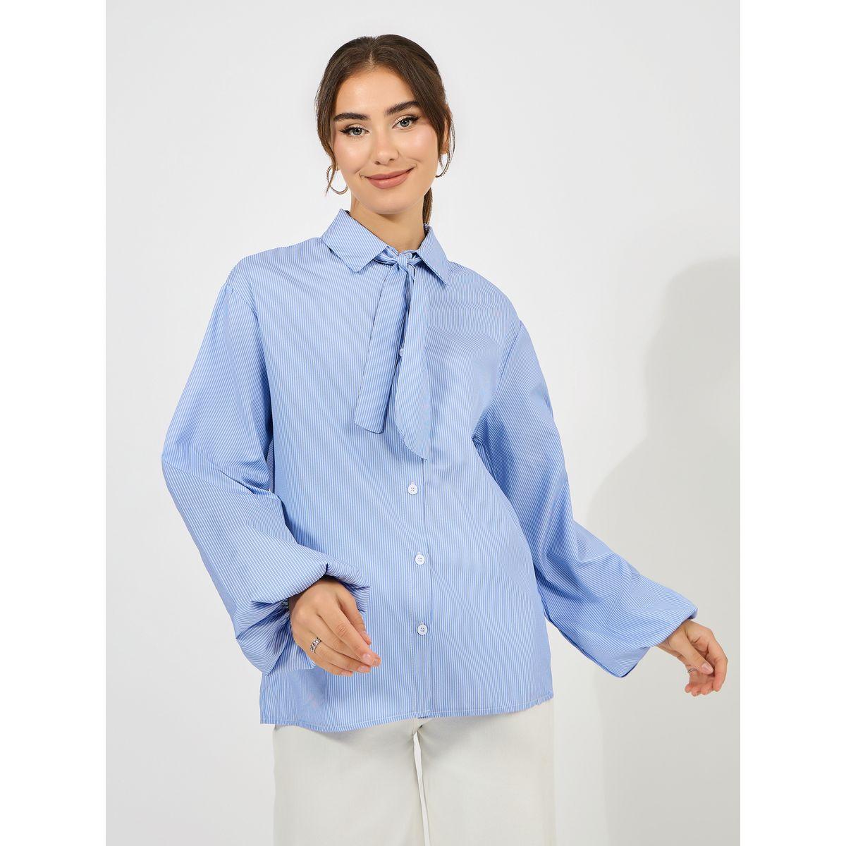 بلوزة مخططة بقصة مريحة مع ياقة بأربطة-women-clothing-shirtsandblouses-shirts-image-3