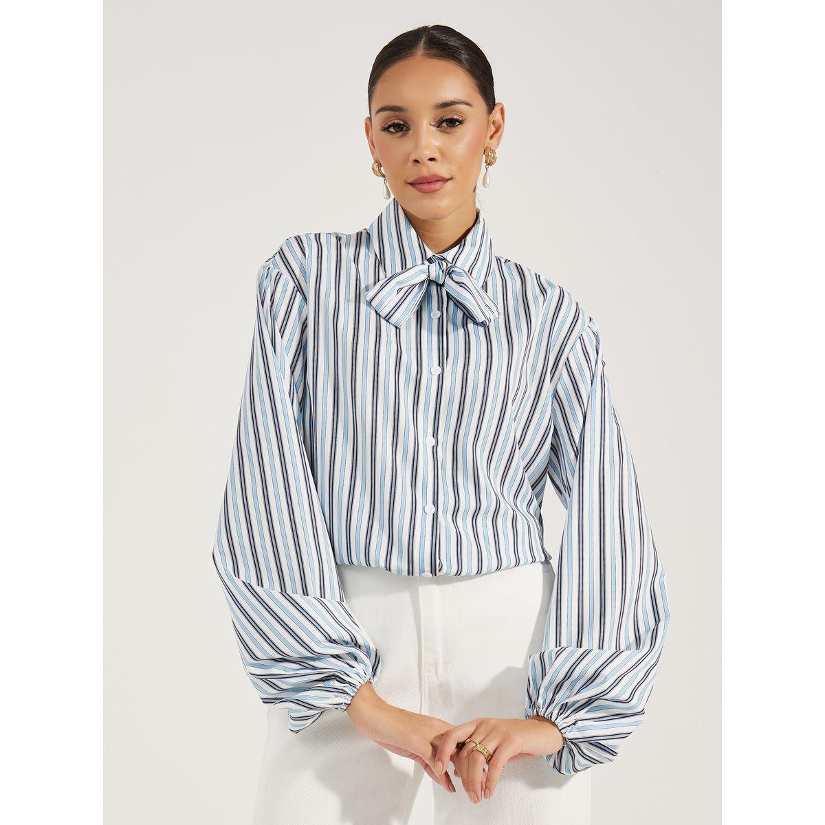 Styli Striped Relaxed Fit Shirt with Neck Tie Detail-women-clothing-shirtsandblouses-shirts-image-1