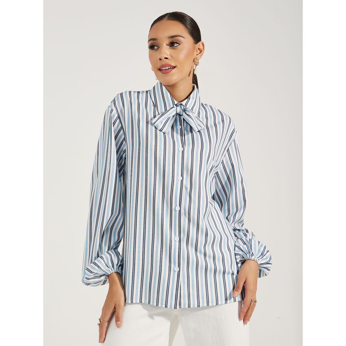 Styli Striped Relaxed Fit Shirt with Neck Tie Detail-women-clothing-shirtsandblouses-shirts-image-2