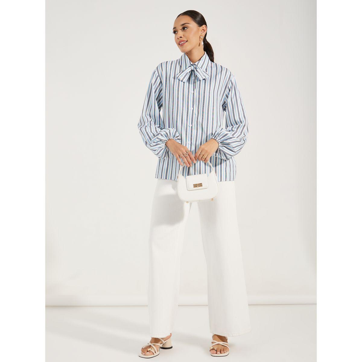 Styli Striped Relaxed Fit Shirt with Neck Tie Detail-women-clothing-shirtsandblouses-shirts-image-3
