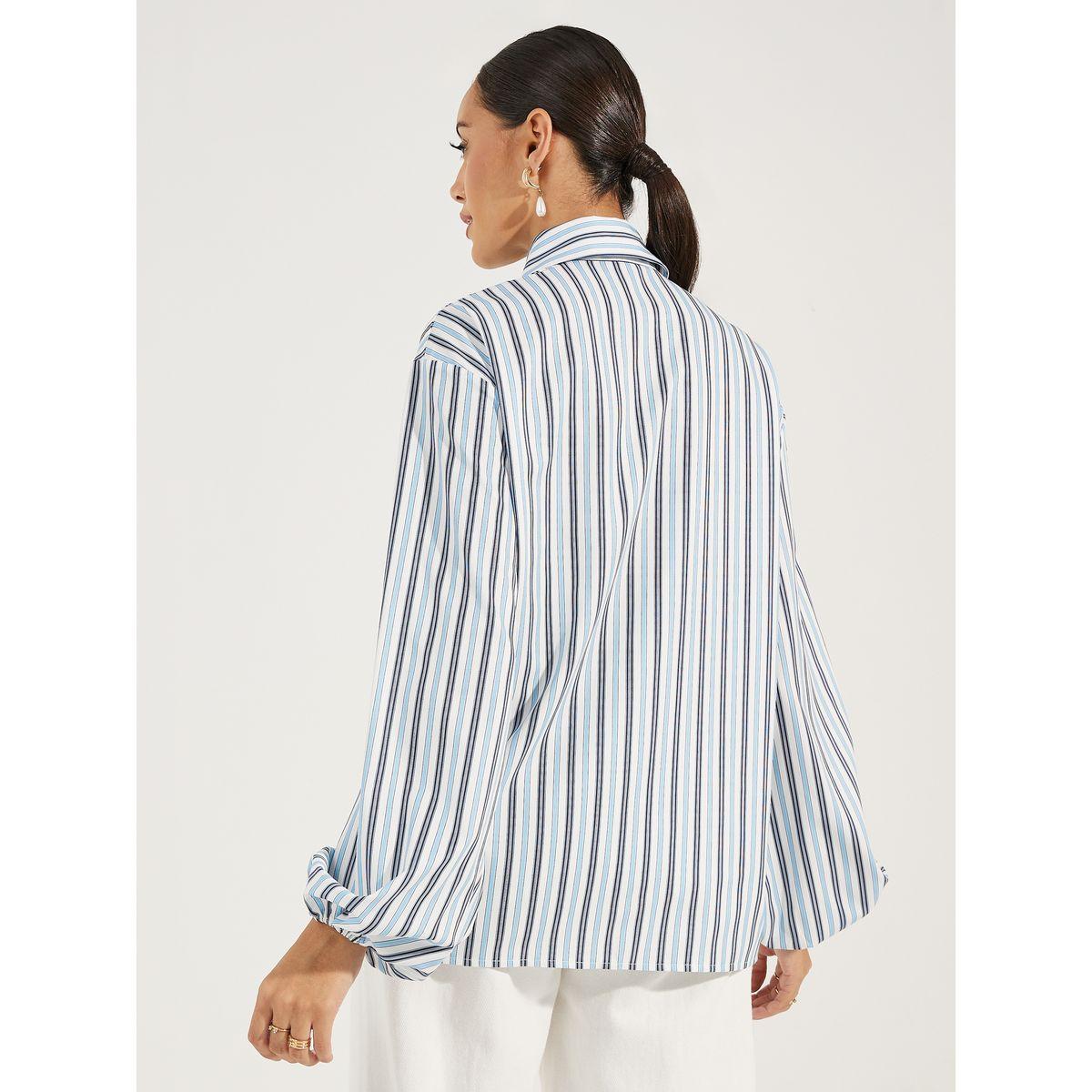 Styli Striped Relaxed Fit Shirt with Neck Tie Detail-women-clothing-shirtsandblouses-shirts-image-5
