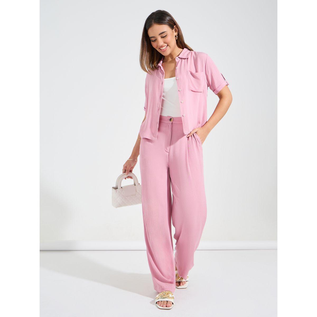 Styli Crinkled Short Sleeves Shirt & Wide Leg Pants Co-Ords-women-clothing-coordsets-image-1