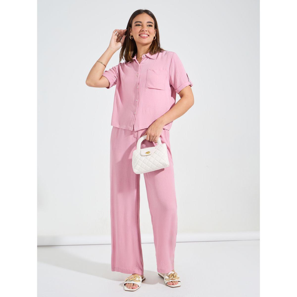 Styli Crinkled Short Sleeves Shirt & Wide Leg Pants Co-Ords-women-clothing-coordsets-image-2
