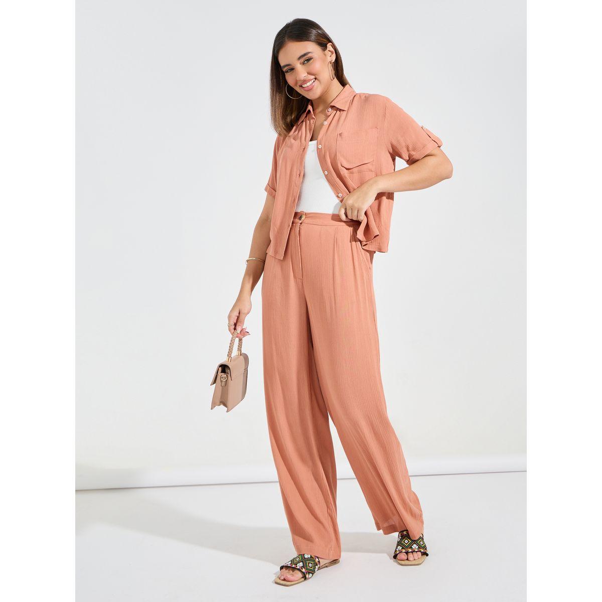 Styli Crinkled Short Sleeves Shirt & Wide Leg Pants Co-Ords-women-clothing-coordsets-image-1