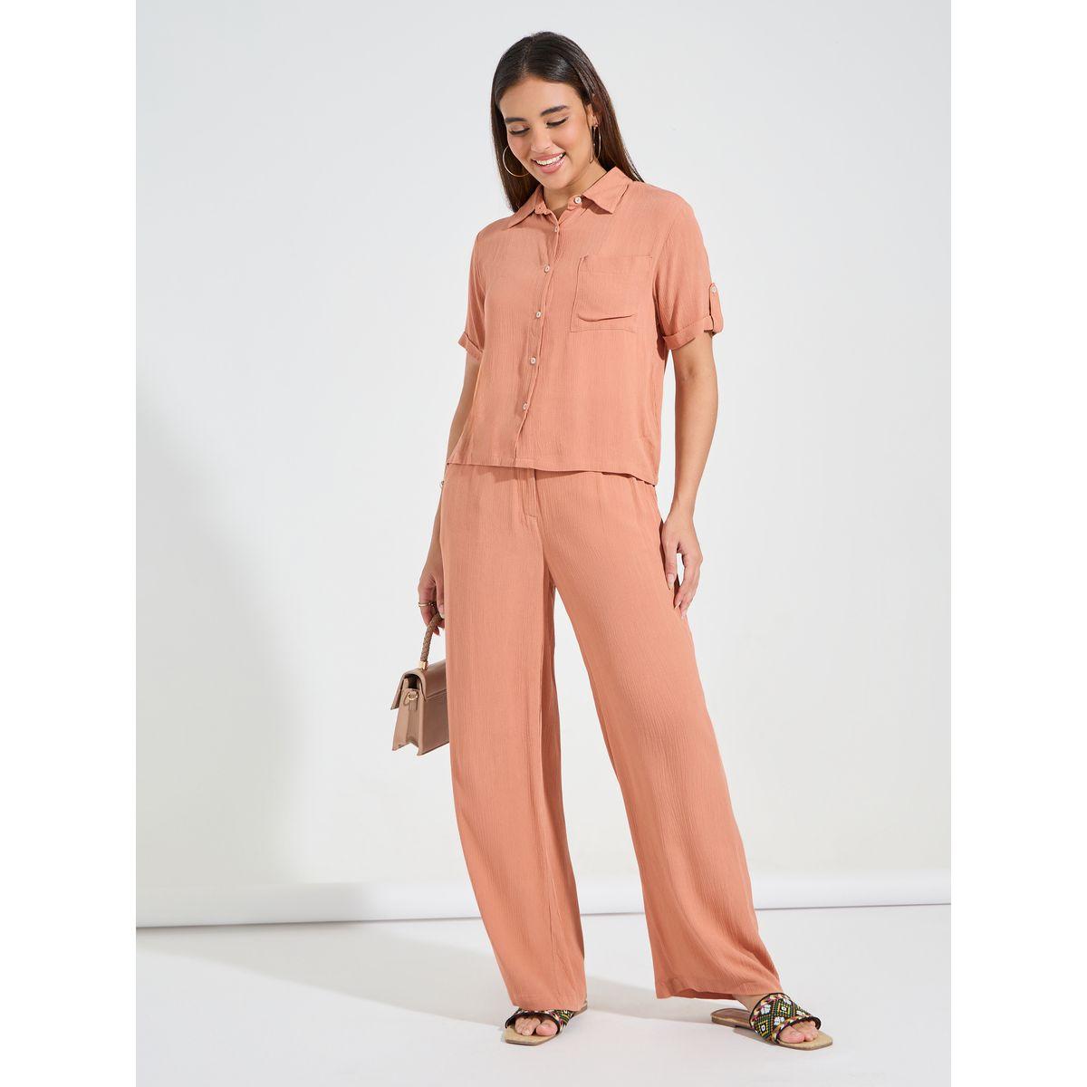Styli Crinkled Short Sleeves Shirt & Wide Leg Pants Co-Ords-women-clothing-coordsets-image-2