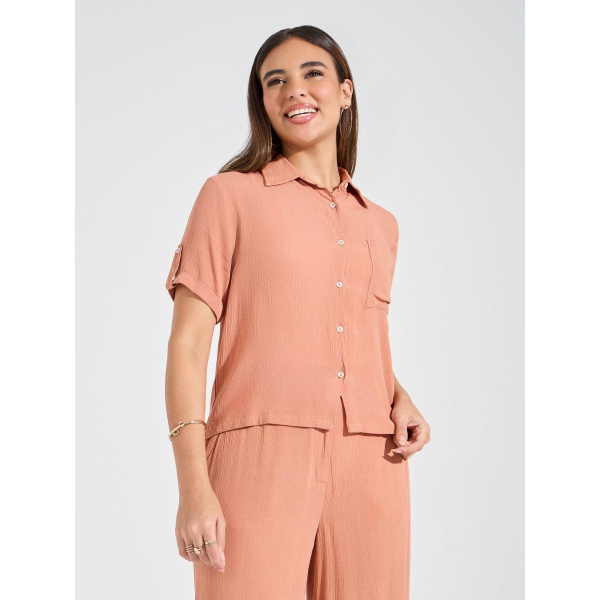 Styli Crinkled Short Sleeves Shirt & Wide Leg Pants Co-Ords-women-clothing-coordsets-image-3