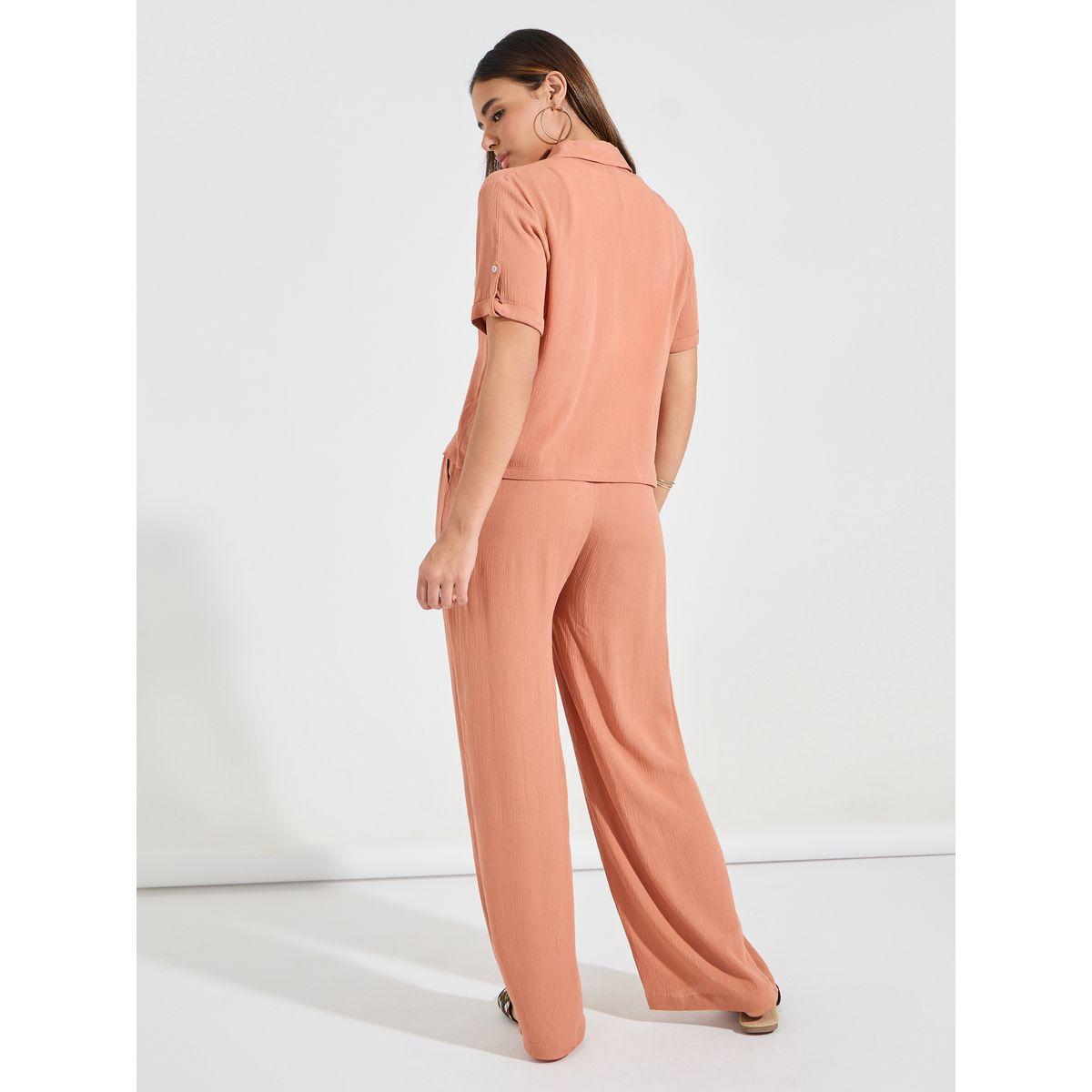 Styli Crinkled Short Sleeves Shirt & Wide Leg Pants Co-Ords-women-clothing-coordsets-image-5