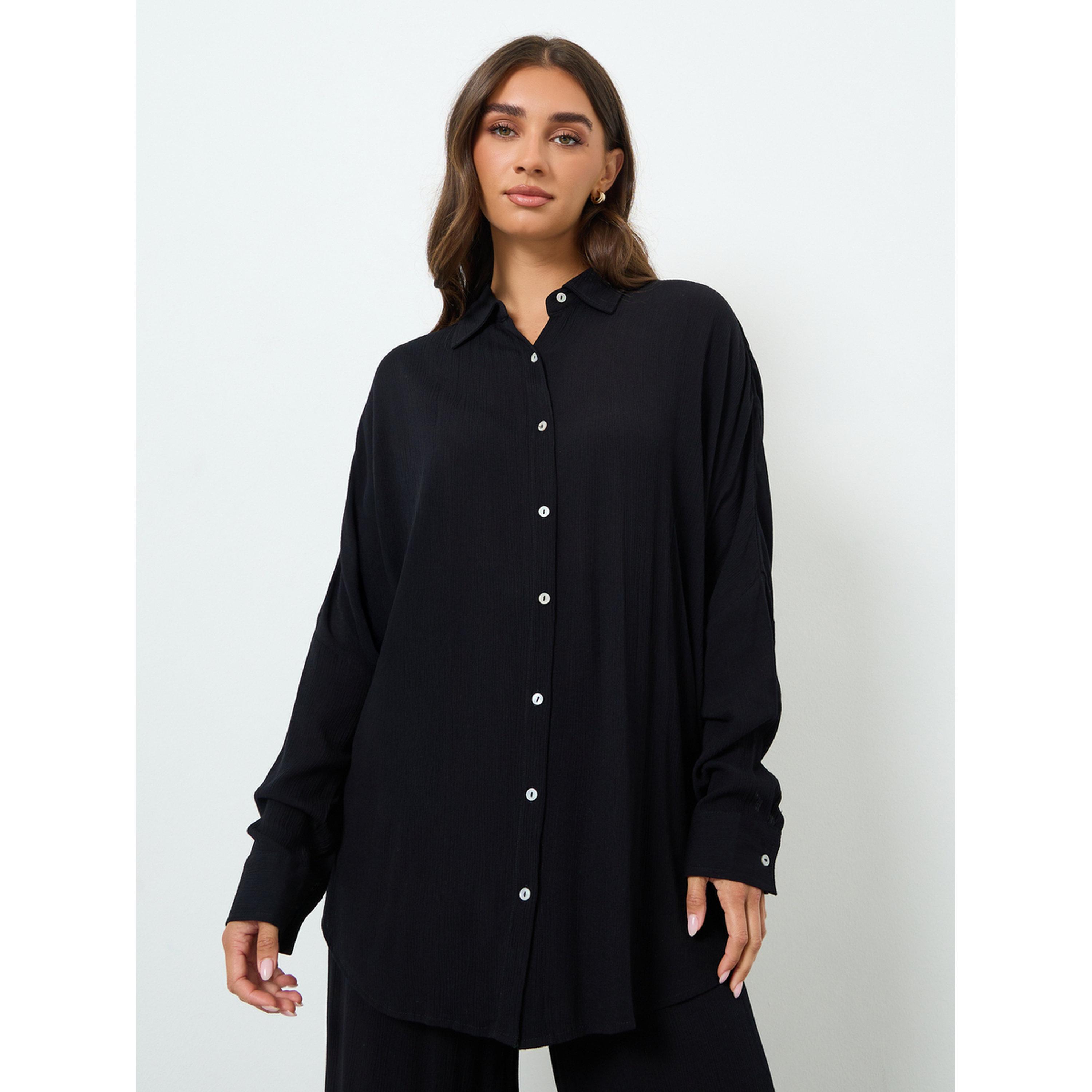 Styli Women Black Crinkle Oversized Shirt with Wide Leg Co-Ords-women-clothing-coordsets-image-2