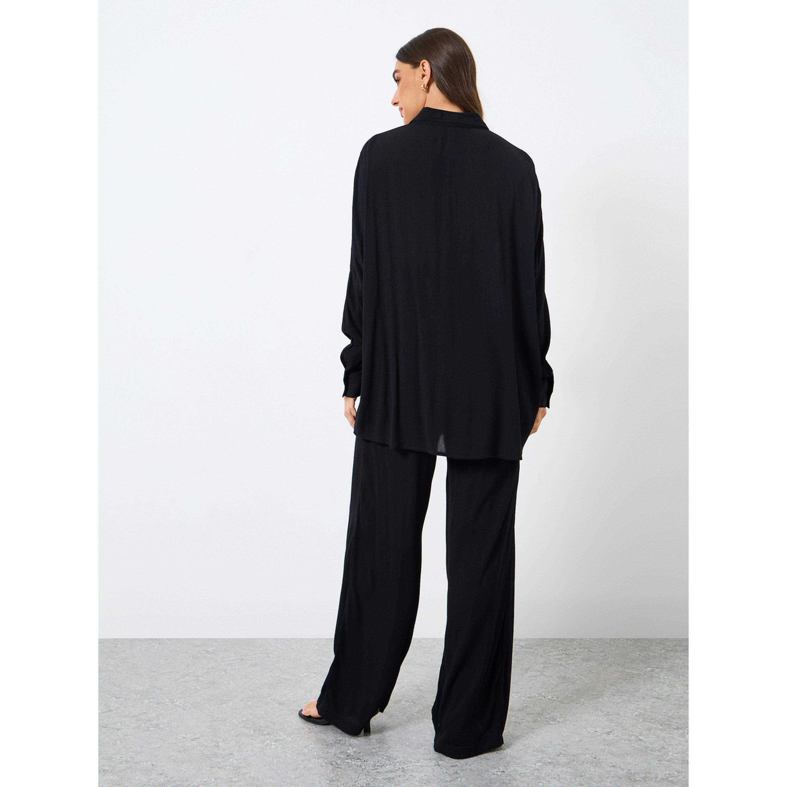 Styli Women Black Crinkle Oversized Shirt with Wide Leg Co-Ords-women-clothing-coordsets-image-5