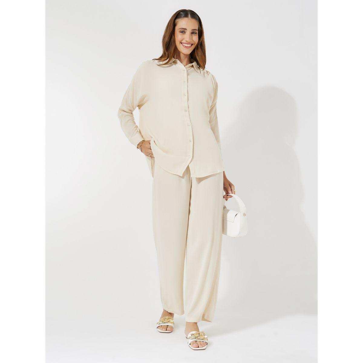 Styli Crinkled Oversized Shirt & Wide Leg Pants Co-Ords-women-clothing-coordsets-image-2
