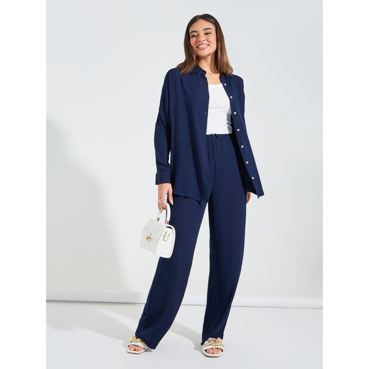 Styli Oversized Crinkle Shirt & Wide Leg Pants Co-Ords-women-clothing-coordsets-image-1