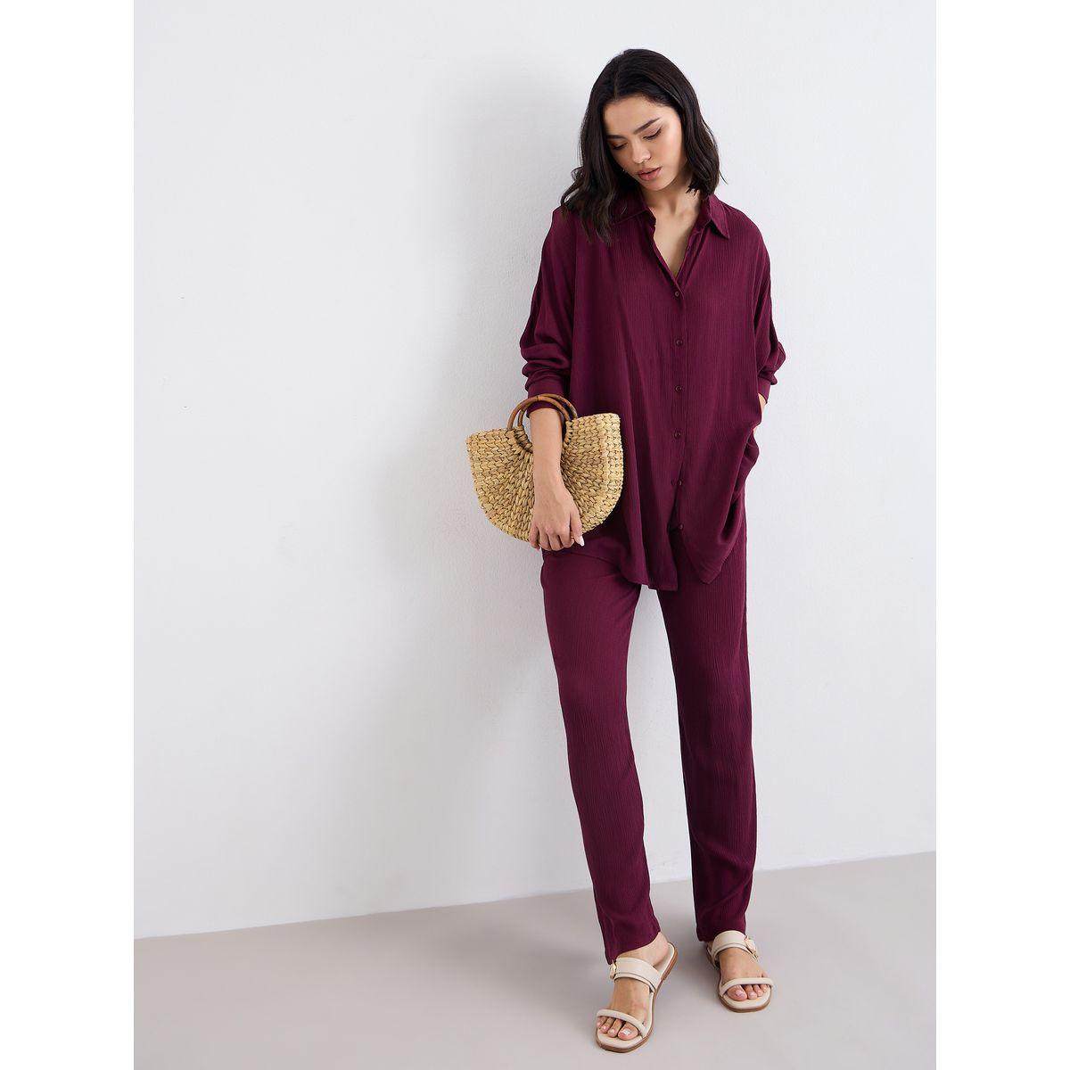 Styli Crinkled Oversized Shirt and Wide Leg Pants Co-Ords-women-clothing-coordsets-image-1