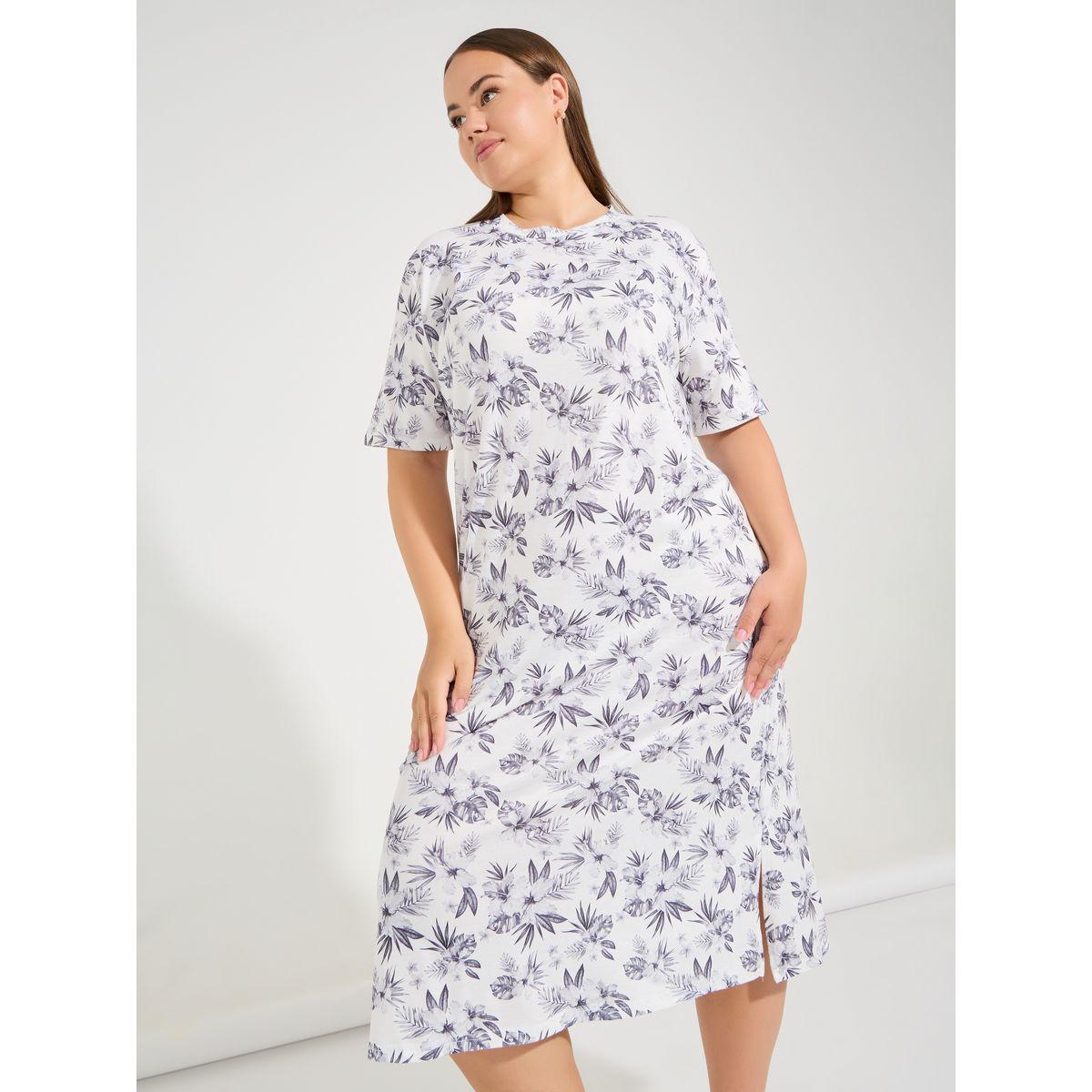 Styli Unwind Plus Size AOP Mono Floral Side Slit Sleep T-Shirt Dress-women-clothing-nightwear-nighties-image-2