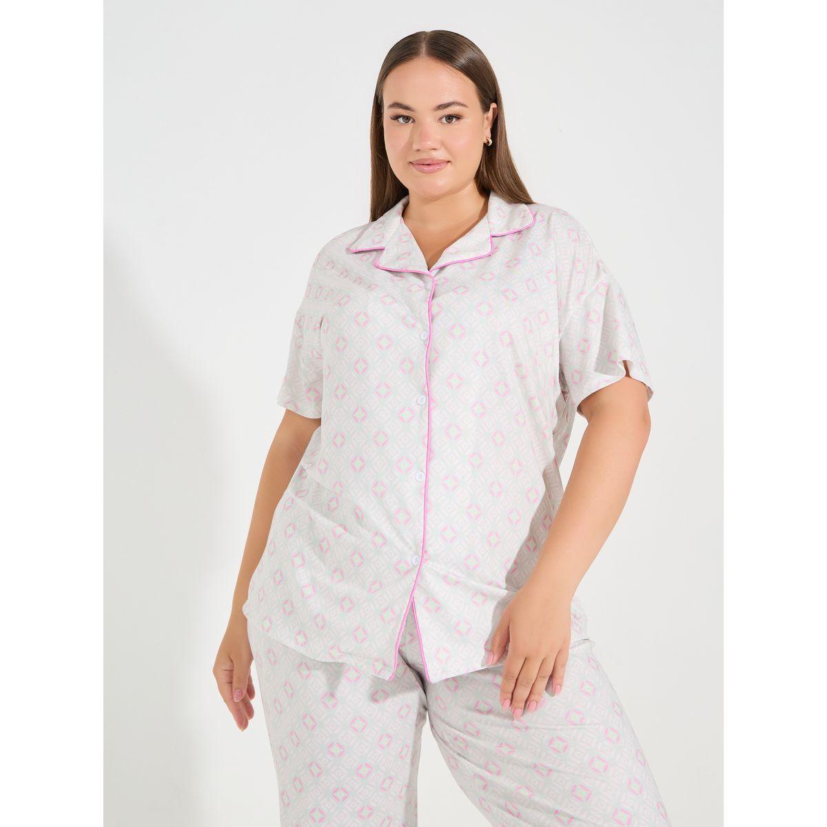 Styli Unwind Plus Size Geometric Print Drop Shoulder Shirt & Pyjama Set-women-clothing-nightwear-pyjamas-longsets-image-2