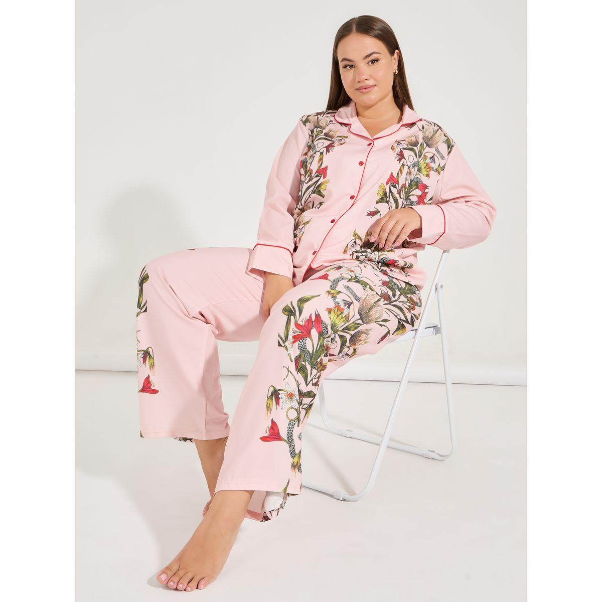 طقم من بنطال بيجاما وبلوزة ساتان بمقاس كبير وطبعة زهور-women-clothing-nightwear-pyjamas-longsets-image-1