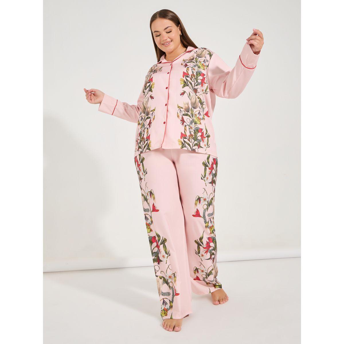 طقم من بنطال بيجاما وبلوزة ساتان بمقاس كبير وطبعة زهور-women-clothing-nightwear-pyjamas-longsets-image-2