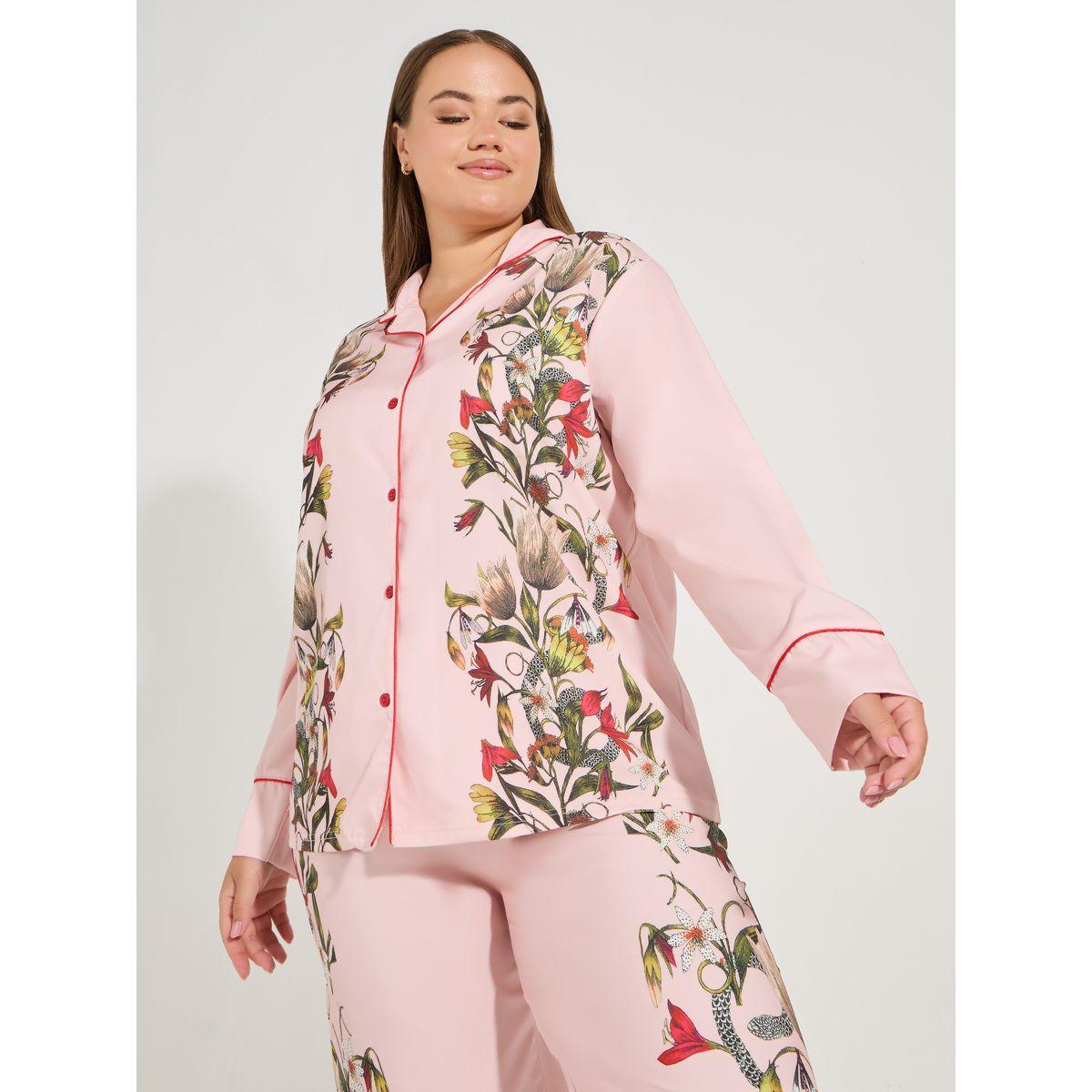 طقم من بنطال بيجاما وبلوزة ساتان بمقاس كبير وطبعة زهور-women-clothing-nightwear-pyjamas-longsets-image-3