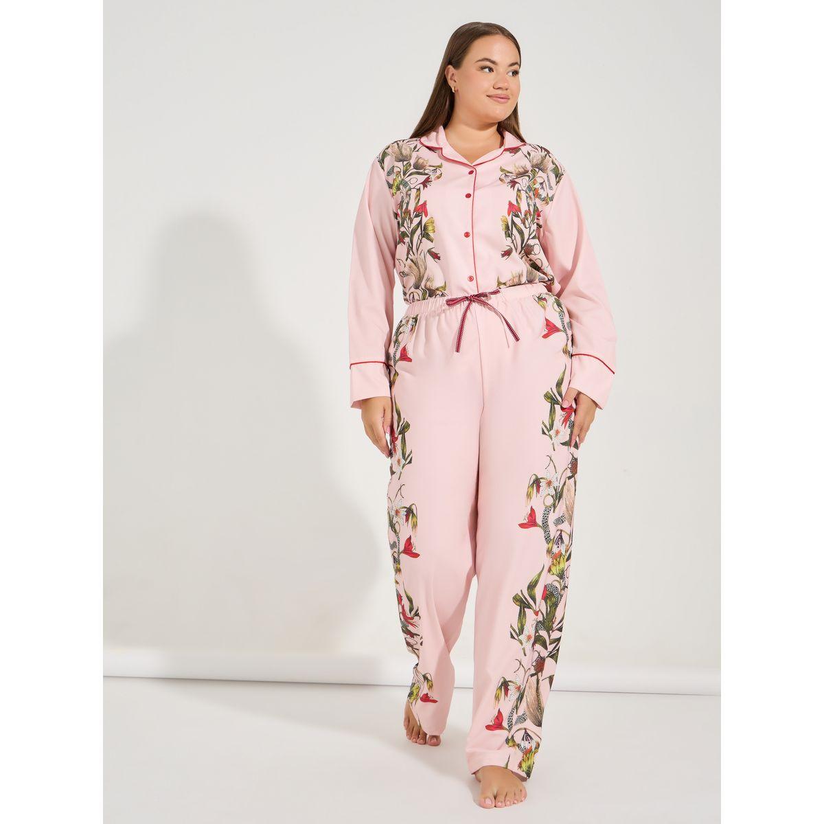 طقم من بنطال بيجاما وبلوزة ساتان بمقاس كبير وطبعة زهور-women-clothing-nightwear-pyjamas-longsets-image-5