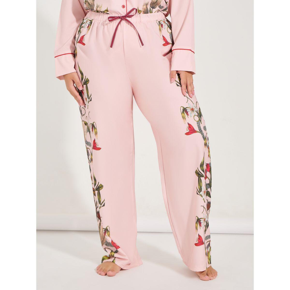 طقم من بنطال بيجاما وبلوزة ساتان بمقاس كبير وطبعة زهور-women-clothing-nightwear-pyjamas-longsets-image-6