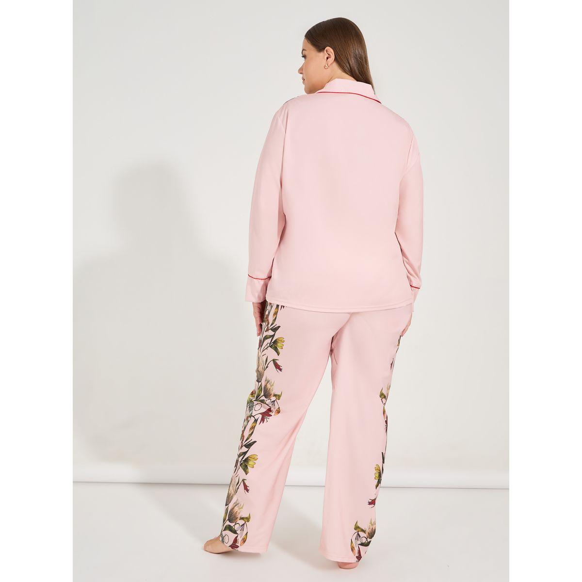 Styli Unwind Plus Size Floral Print Satin Piped Edge Shirt & Pyjama Set-women-clothing-nightwear-pyjamas-longsets-image-7