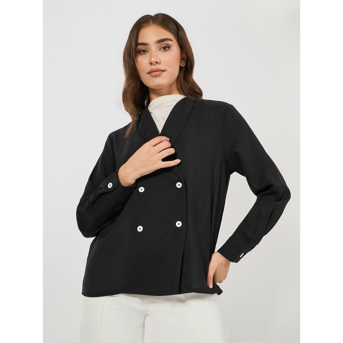 Styli Solid Lapel Collar Double Breasted Top-women-clothing-shirtsandblouses-blouses-image-3