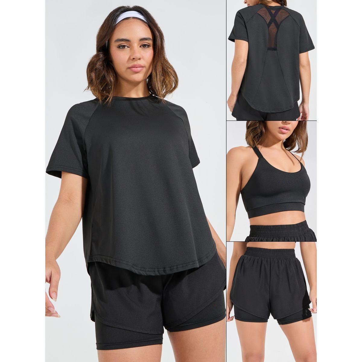 Styli Active Pack of 3 - Cross Strap Sports Bra, Back Mesh Panel Top & Shorts-sports-women-clothing-trackpantsandtracksuits-image-1