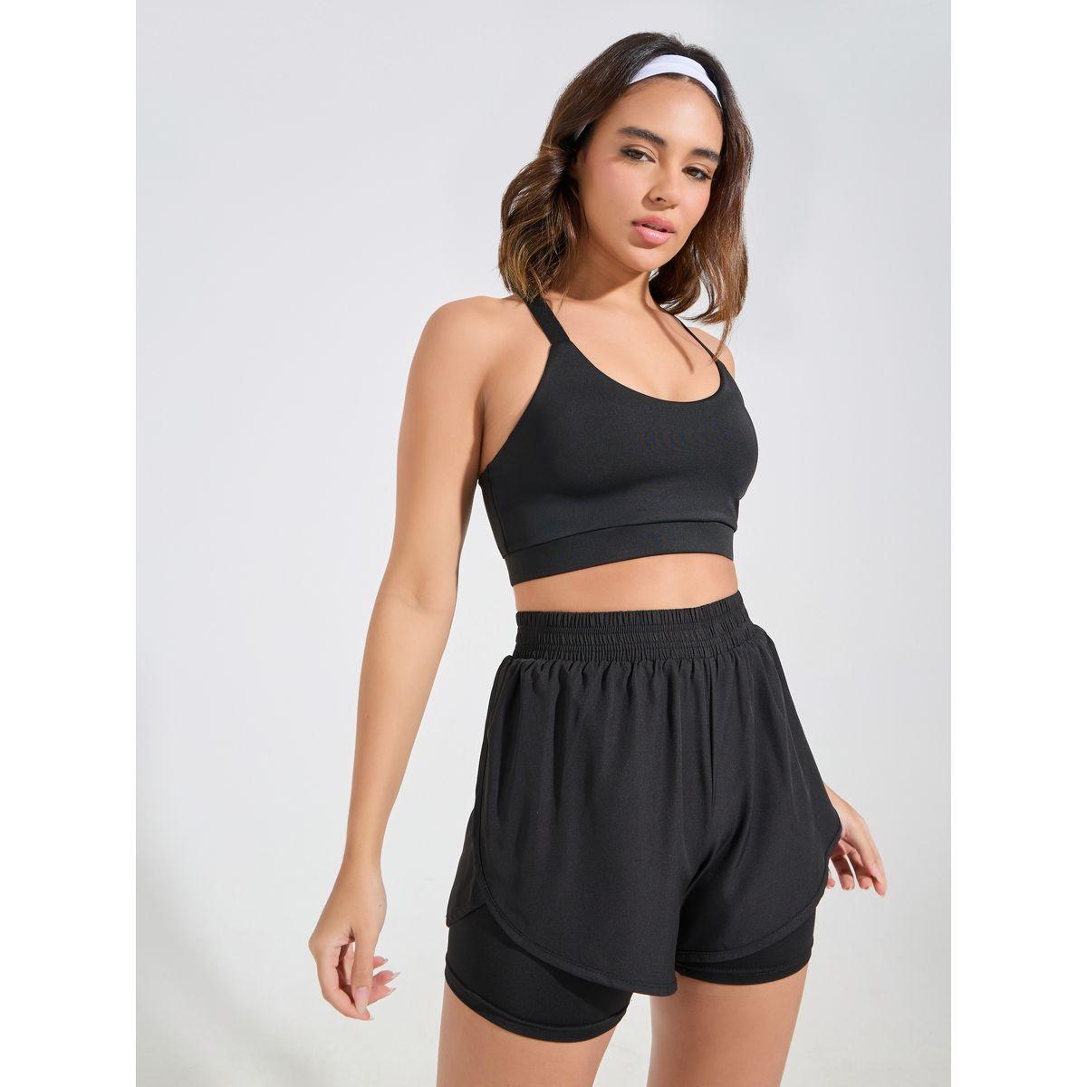 Styli Active Pack of 3 - Cross Strap Sports Bra, Back Mesh Panel Top & Shorts-sports-women-clothing-trackpantsandtracksuits-image-4