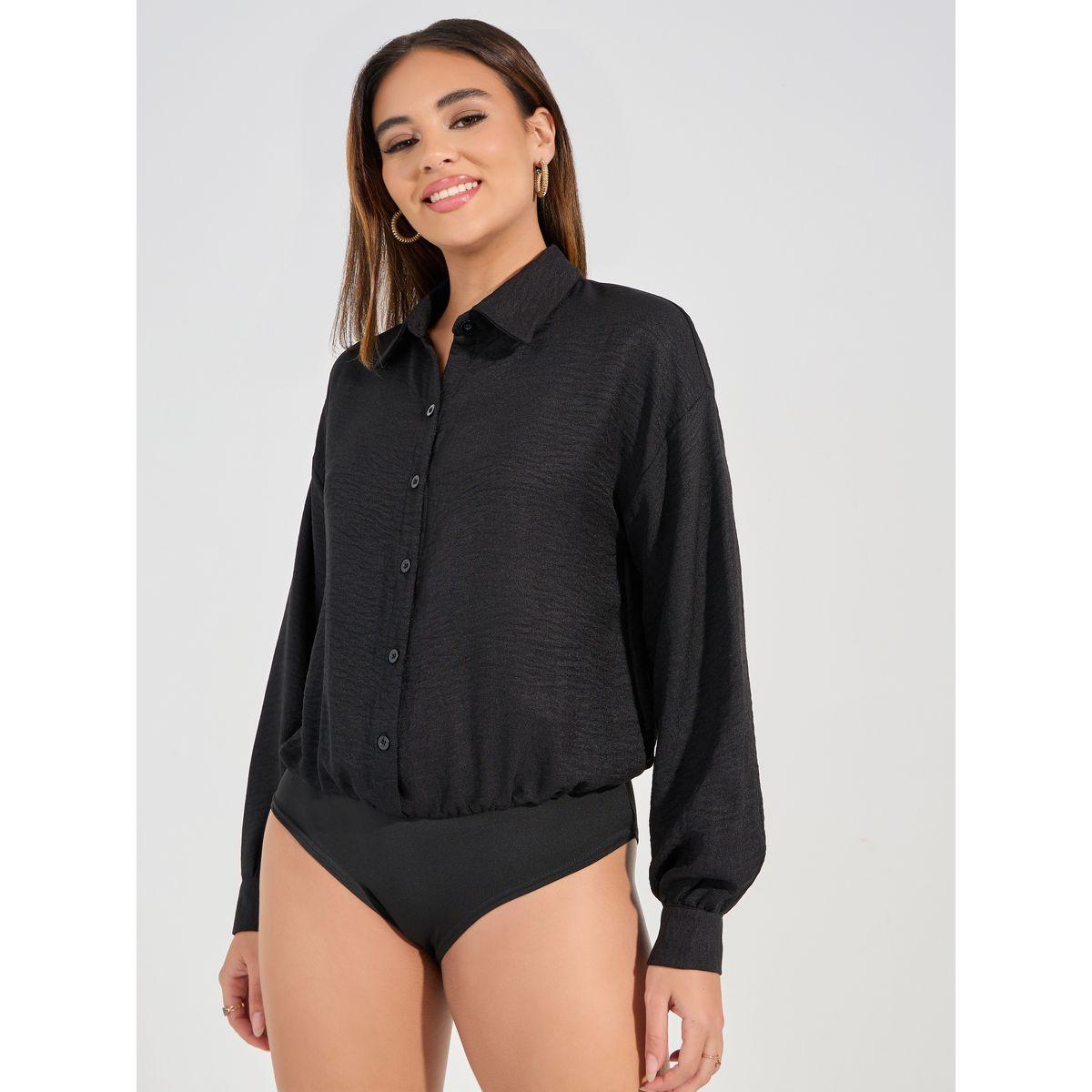 Styli Solid Button Placket Collared Bodysuit-women-clothing-tshirts-image-1