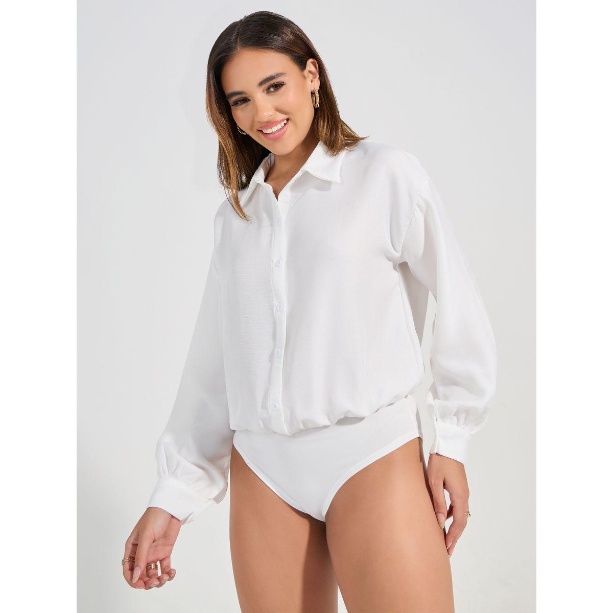 Styli Solid Button Placket Collared Bodysuit-women-clothing-tshirts-image-1
