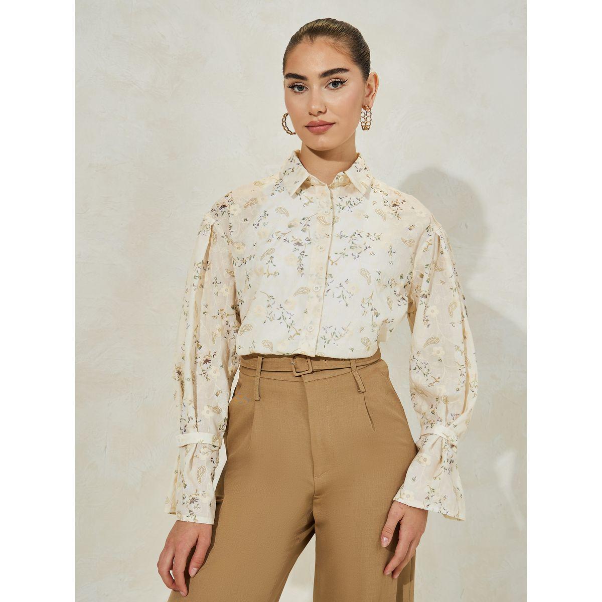 Styli Floral Embroidered Shirt with Flared Sleeves-women-clothing-shirtsandblouses-shirts-image-1