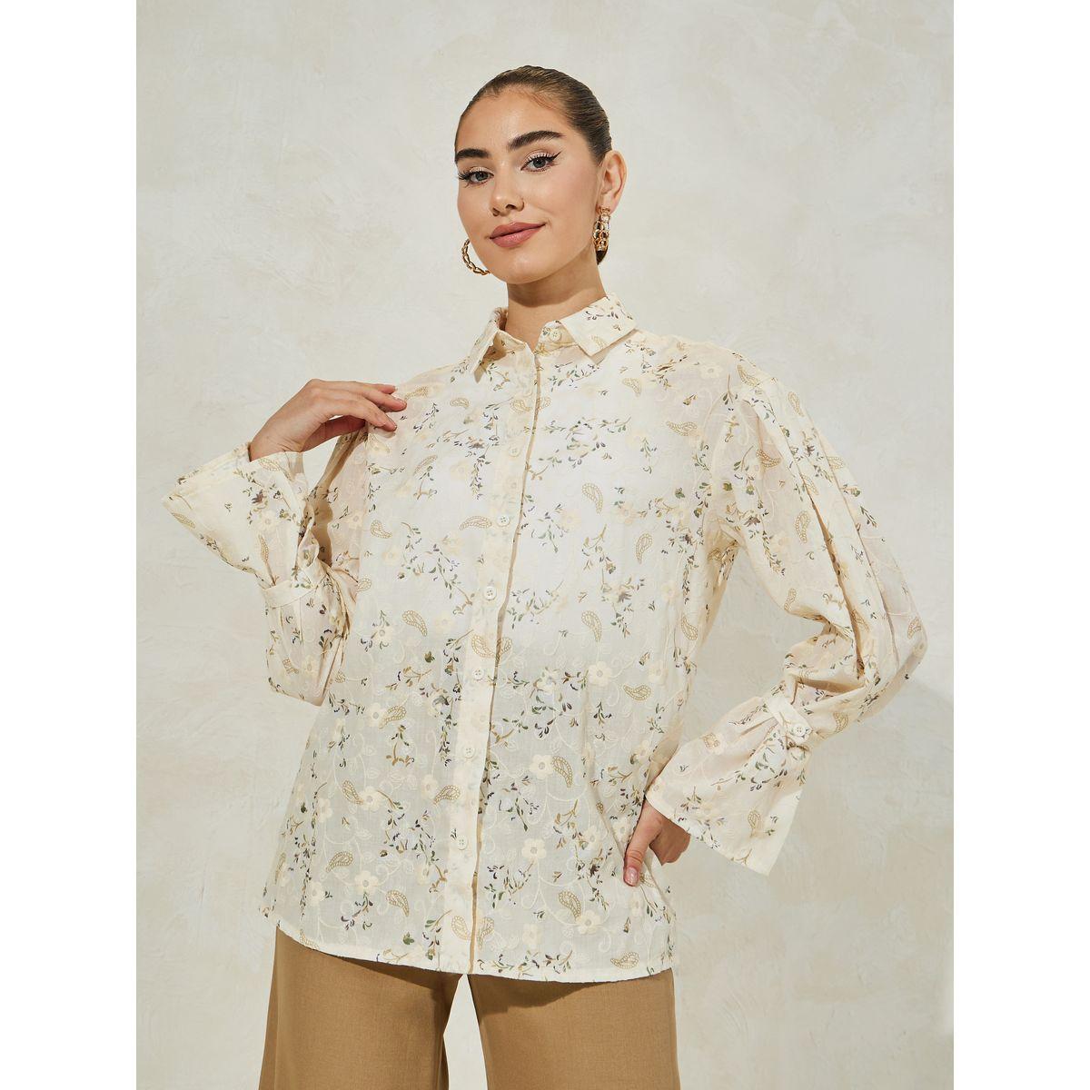 Styli Floral Embroidered Shirt with Flared Sleeves-women-clothing-shirtsandblouses-shirts-image-2