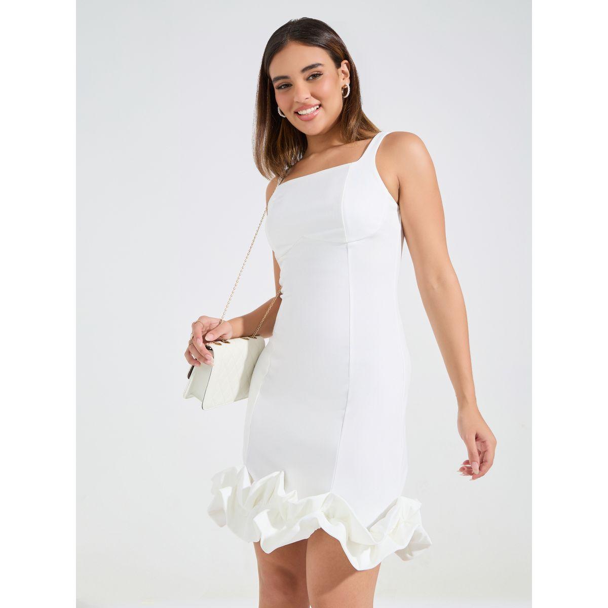 Styli Plain Sleeveless Bodycon Mini Dress with Ruffled Hem-women-clothing-dresses-image-2